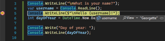 Screenshot, der während des Debuggens in Visual Studio 2022 einen Variablenwert anzeigt.