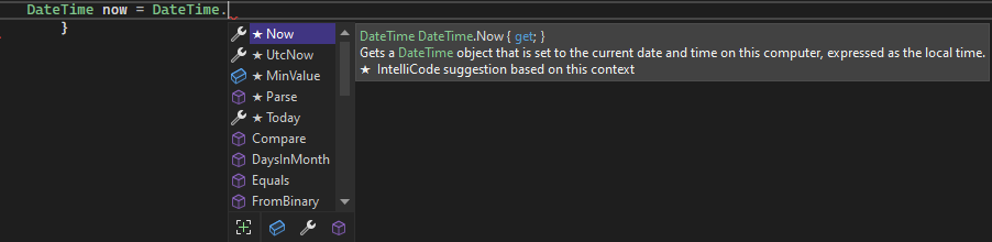 Screenshot mit einer IntelliSense-Memberliste in Visual Studio 2022.
