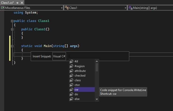 Screenshot eines IntelliSense-Popups für eine C#-Codeausschnittliste.