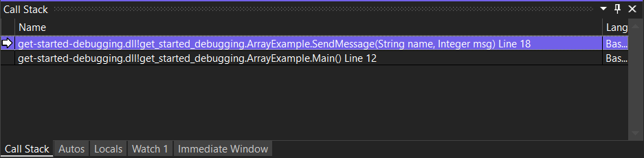 Screenshot des Visual Studio-Anrufstapelfensters mit hervorgehobenem SendMessage-Methodenaufruf in der obersten Zeile.