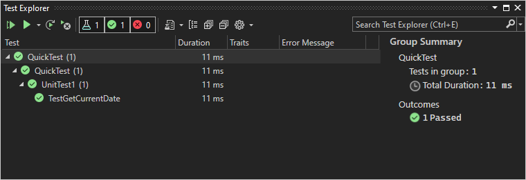 Screenshot des Test-Explorers in Visual Studio zeigt, dass der TestGetCurrentDate-Test bestanden.
