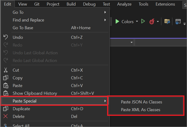 Screenshot der Option Inhalte einfügen aus dem Menü Bearbeiten in Visual Studio.