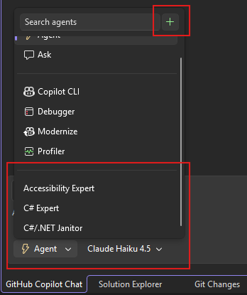 Screenshot der Agentenauswahl mit benutzerdefinierten Agenten in Visual Studio.