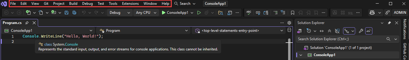 Screenshot der Menüleiste in Visual Studio.