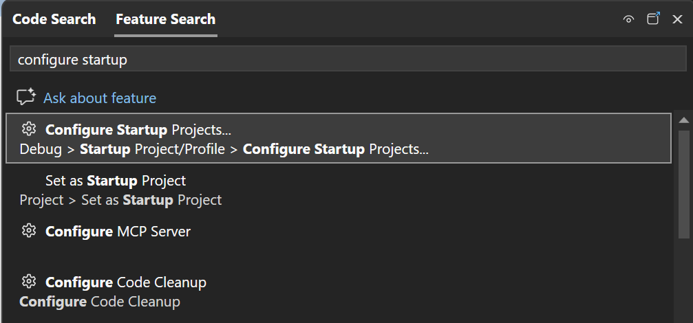 Screenshot, der die Suche nach dem Konfigurieren von Startprojekten in der Feature-Suche zeigt.