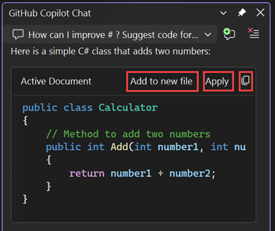 Screenshot der Optionen zum Kopieren des Codeblocks, Einfügen von Code in eine neue Datei oder Einfügen von Code in der aktuellen Datei.