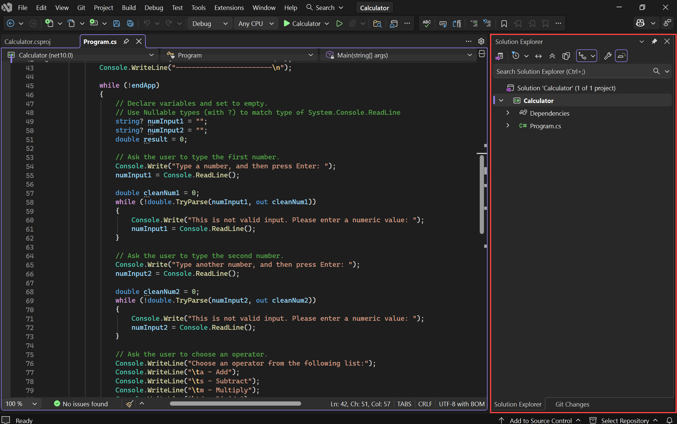 Screenshot der Visual Studio-IDE mit der Position des Projektmappen-Explorers