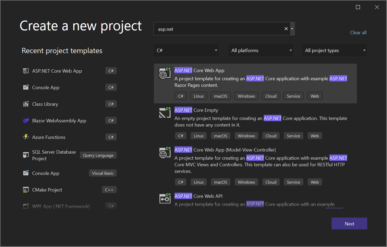 Screenshot der Projektvorlagenfilter.