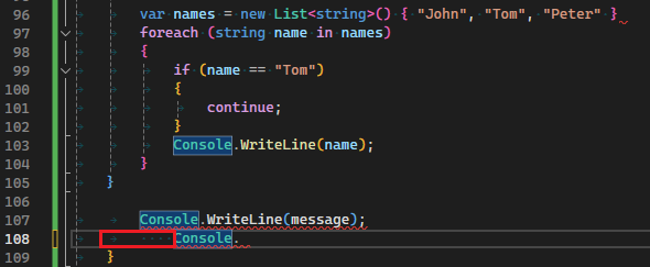 Screenshot: Tab-Taste zeigt, die Leerzeichen im Code hinzufügt.
