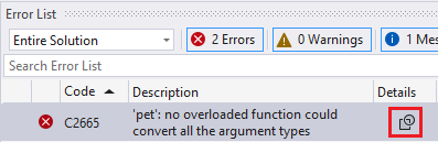 Screenshot der Visual Studio-Fehlerliste mit einem Eintrag mit einem Symbol in der Detailspalte.