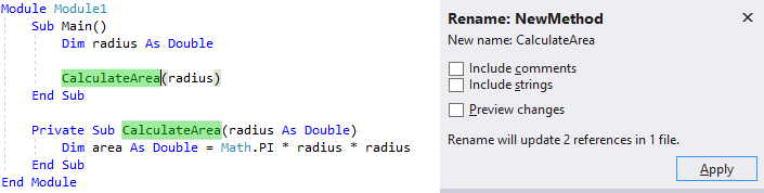 Screenshot des Visual Basic Codes für den Hauptunterteil. Ein Methodenname ist hervorgehoben, und das Popupfenster 