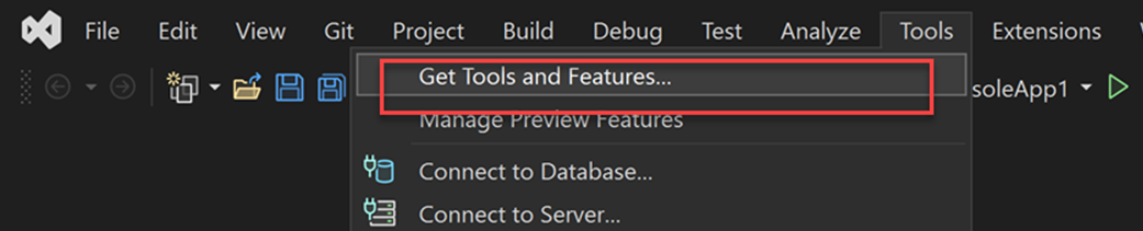 Screenshot des Menüs „Extras“ in Visual Studio 2022. „Extras und Features abrufen“ ist hervorgehoben.
