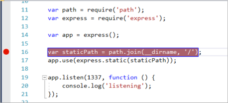Screenshot des Visual Studio Code-Fensters mit JavaScript-Code. Ein roter Punkt im linken Rand zeigt, dass ein Haltepunkt festgelegt ist.