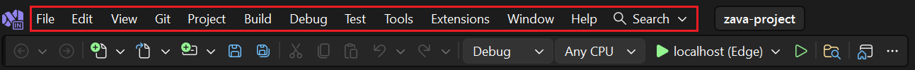 Screenshot der Menüleiste in Visual Studio.