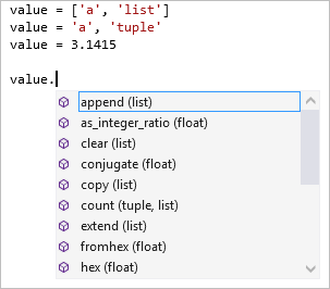 Screenshot, der die Mitgliedervollständigung bei mehreren Typen im Visual Studio-Editor zeigt.