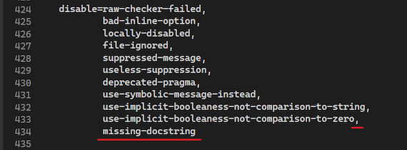 Screenshot, der zeigt, wie Sie eine bestimmte Warnmeldung an die Deaktivierungseinstellung in der Pylintrc-Datei in Visual Studio anhängen können.