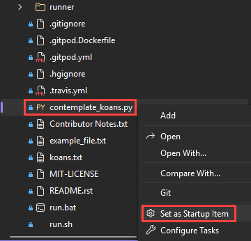Screenshot, der zeigt, wie die Python-Datei „contemplate koans“ in Visual Studio als Startelement festgelegt wird.