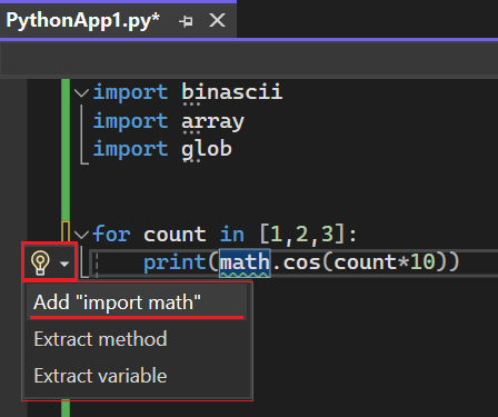 Screenshot des Smarttags für einen Bezeichner, der eine Importanweisung in Visual Studio 2022 benötigt.