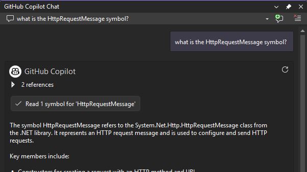 Ein Screenshot, der zeigt, wie Copilot Chat externe Symbole von Projektabhängigkeiten versteht und Codevorschläge macht