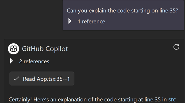 Screenshot mit verbesserter Zeilennummerngenauigkeit beim Verweisen auf bestimmte Codeabschnitte in Copilot Chat