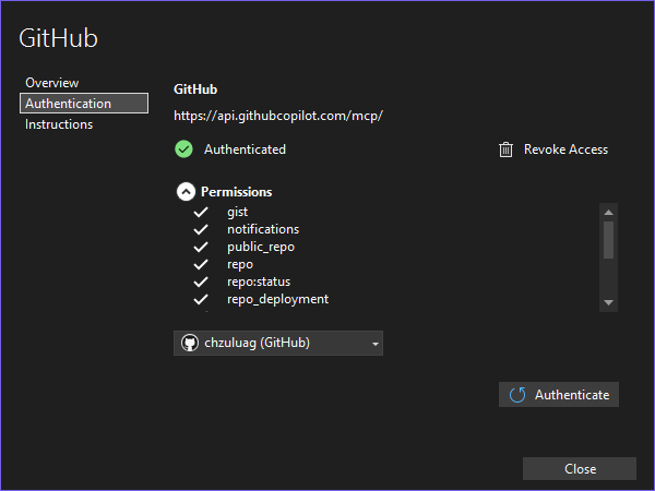 MCP-Serververwaltungsfenster mit Authentifizierungsoptionen