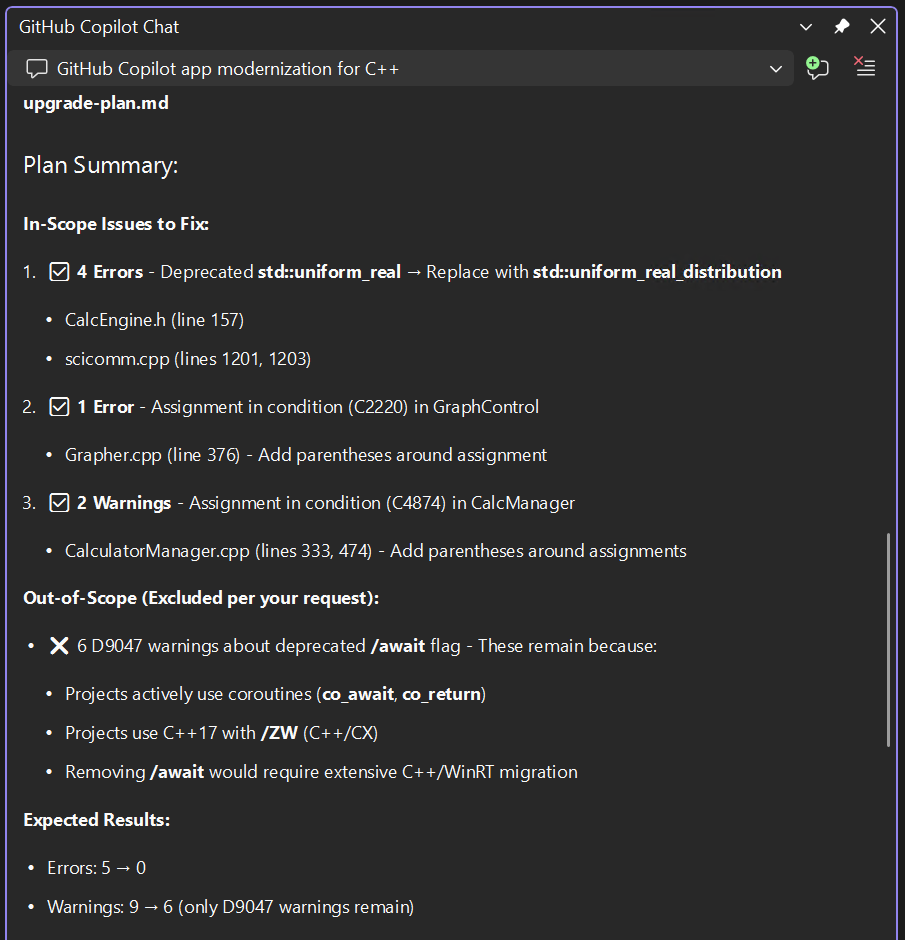 GiHub Copilot Chat Fenster mit dem Plan, der generiert wurde, um Warnungen und Fehler nach dem Aktualisieren auf die neueste MSVC-Version zu beheben