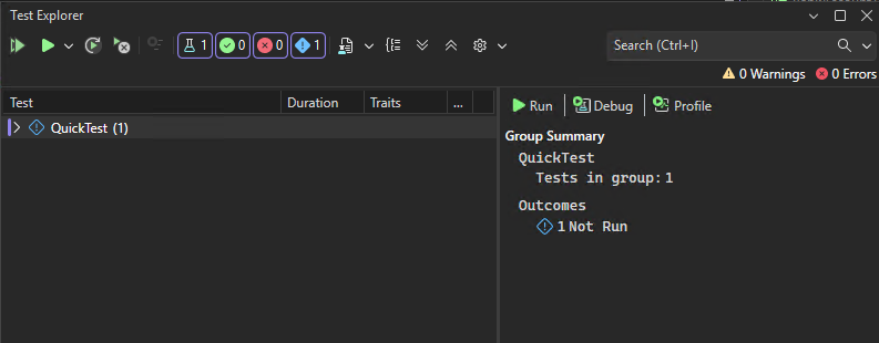 Screenshot: Test-Explorer vor dem Ausführen von Tests in Visual Studio.