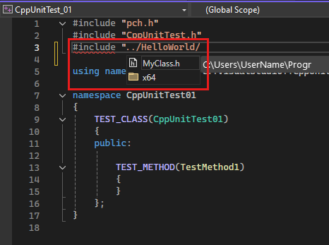 Screenshot: Projektmappen-Explorer mit einer #include-Anweisung, wobei IntelliSense eine Headerdatei in Visual Studio&nbsp;2022 hervorhebt