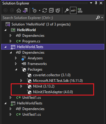NUnit NuGet-Abhängigkeiten in Projektmappen-Explorer