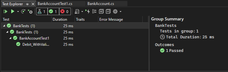Test-Explorer in Visual Studio&nbsp;2019, der erfolgreiche Tests anzeigt