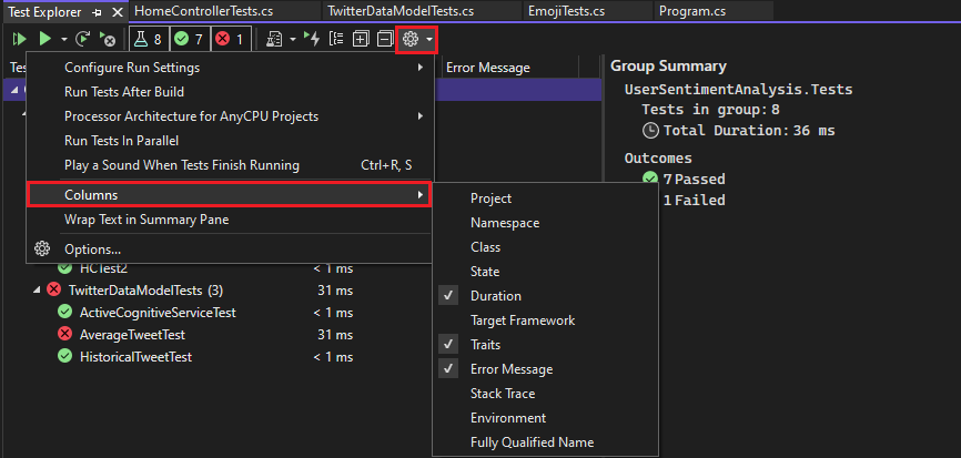 Screenshot des Visual Studio Test-Explorers, in dem ein Menü mit ausgewählten Spalten und einem Untermenü mit ausgewählter Dauer, Eigenschaften und Fehlermeldung angezeigt wird.