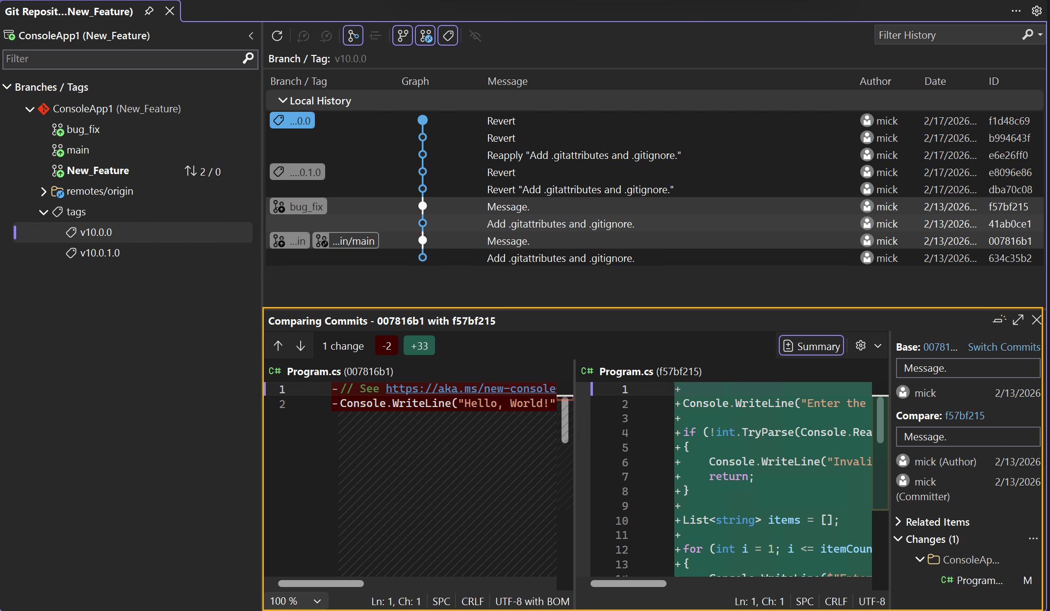 Screenshot: Verglichene Commits