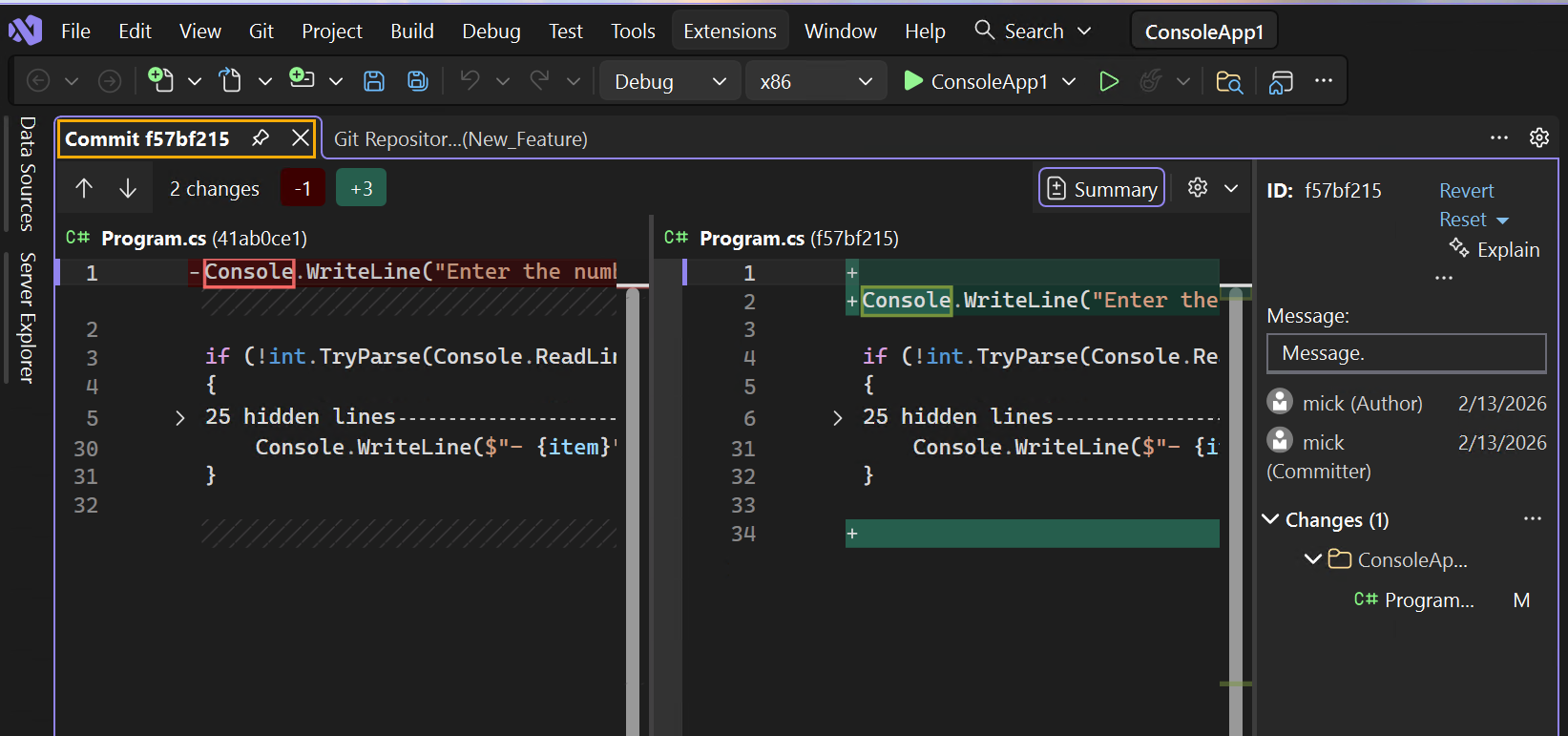Screenshot des Tabs für Commit-Details.