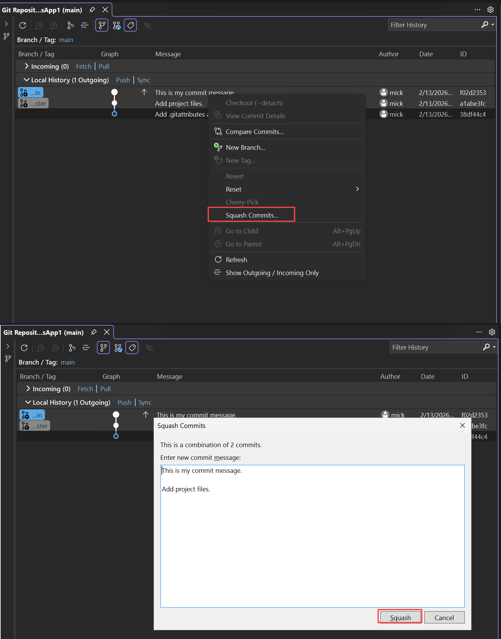 Screenshot: Squashen von Commits in Visual Studio