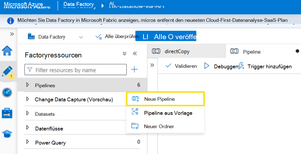 Screenshot: Erstellen einer neuen Pipeline