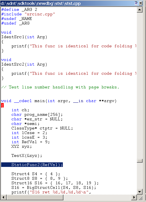 Screenshot des Quellfensters in WinDbg, in dem eine geladene Quelldatei angezeigt wird.