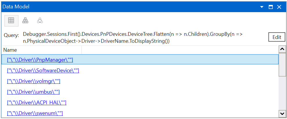 Screenshot des Datenmodellfensters, das eine Plug-and-Play-Gerätestruktur in der Rasterdarstellung in WinDbg zeigt.