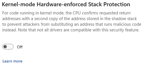 Screenshot des Umschalters zum Aktivieren oder Deaktivieren des hardwaregestützten Stapelschutzes im Kernelmodus.