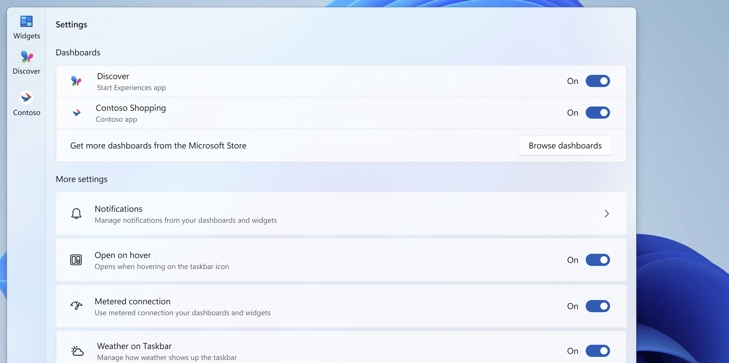 Screenshot der Option zum Ausblenden des Dashboardpanels in den Widgets Board-Einstellungen