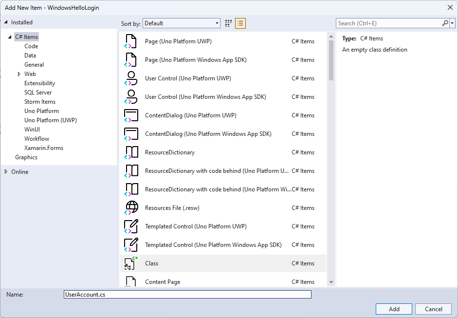 Ein Screenshot zur Erstellung der neuen Klasse für die Windows Hello-Benutzerautorisierung