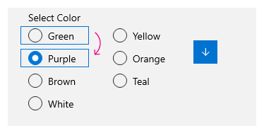 Beispiel für vertikale Tastaturnavigation in einer Mehrspalten-/Zeilen-RadioButtons-Gruppe