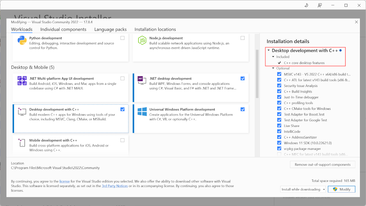 Screenshot des Visual Studio-Installers mit ausgewählter C++-Karte für die Desktopentwicklung und hervorgehobenem Installationsstatus der Kern-Desktopfunktionen von C++.