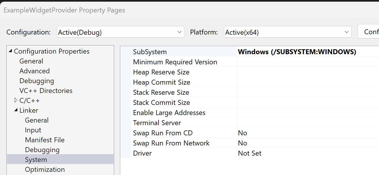 Ein Screenshot zeigt die Projekteigenschaften des C++-Widgetanbieters, dessen Ausgabetyp auf Windows-Anwendung festgelegt ist