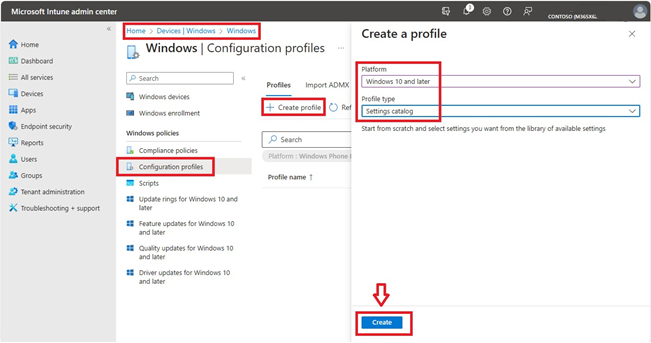Screenshot des Windows-Konfigurationsprofile im Microsoft Intune-Administrationszentrum