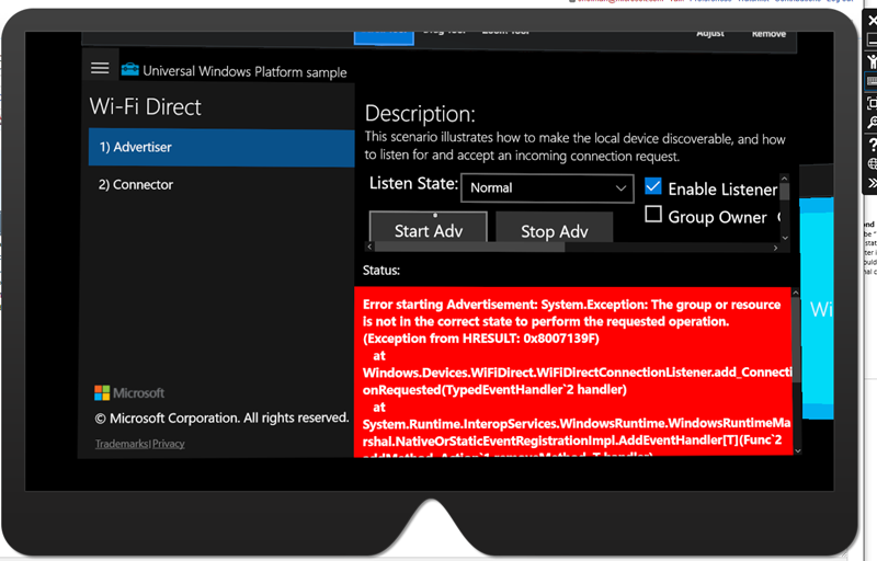 HoloLens-Emulator mit einem UWP-Beispiel geladen, das eine System exception zeigt