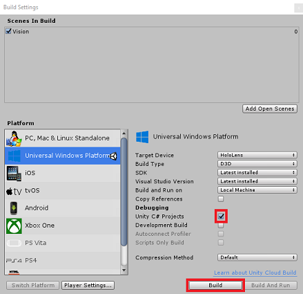 Screenshot: Erstellen der App aus Unity