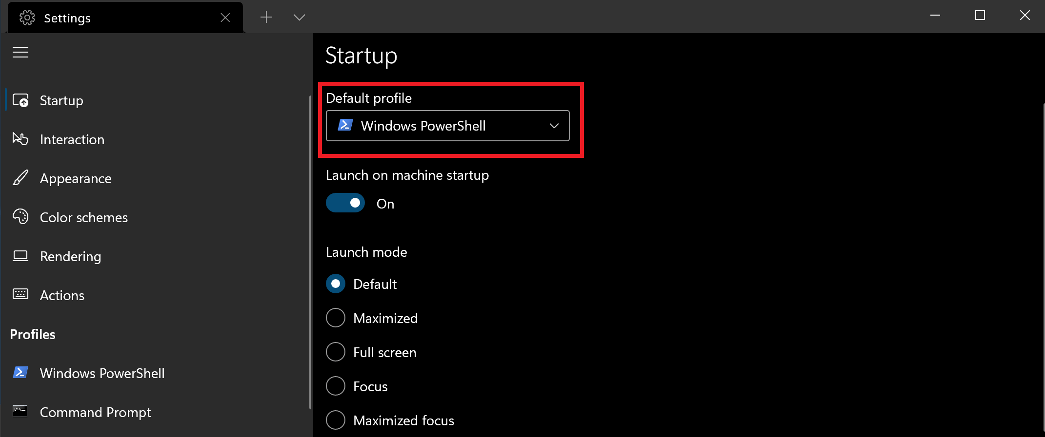 Screenshot des Standardprofils der Windows-Terminaleinstellungen