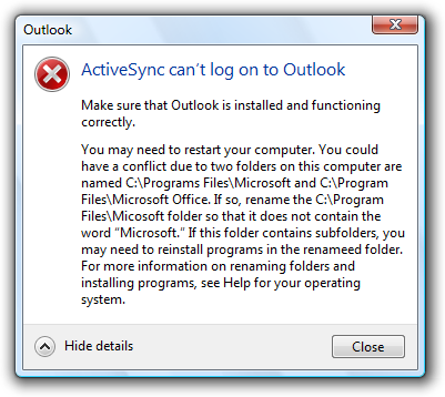 Screenshot der Nachricht: Activesync kann sich nicht anmelden 