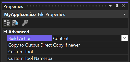 Visual Studio Eigenschaften U I für die Symboldatei mit Buildaktionssatz auf Inhalt.