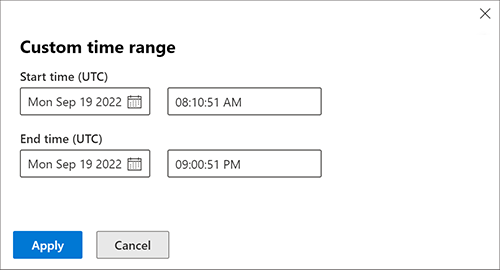 Screenshot of the custom time range option in advanced hunting query settings.